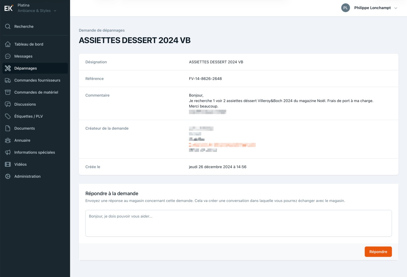 Un exemple de demande de dépannage, envoyé aux autres magasins.