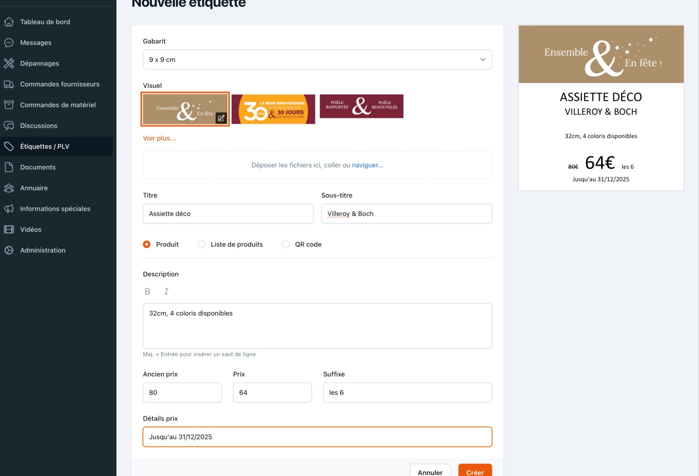 Le module de création d'étiquettes, avec pré-visualisation intégrée.