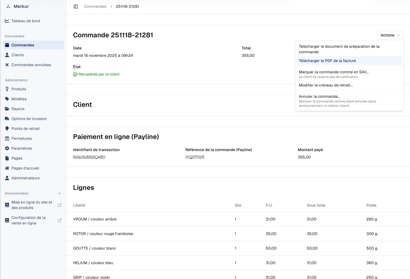 La page de détail d'une commande, avec quelques actions d'administration possibles.