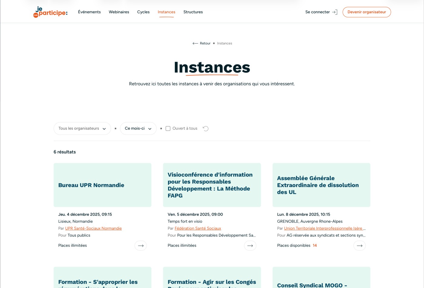 La liste des instances prévues pour la période à venir.