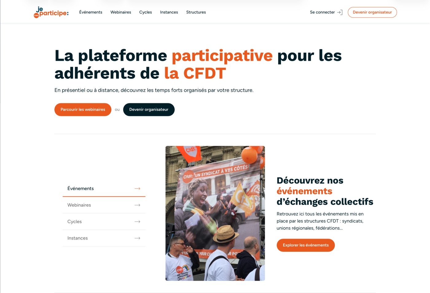 La page d'accueil de la plateforme présente le système au public concerné : les adhérents du syndicat.