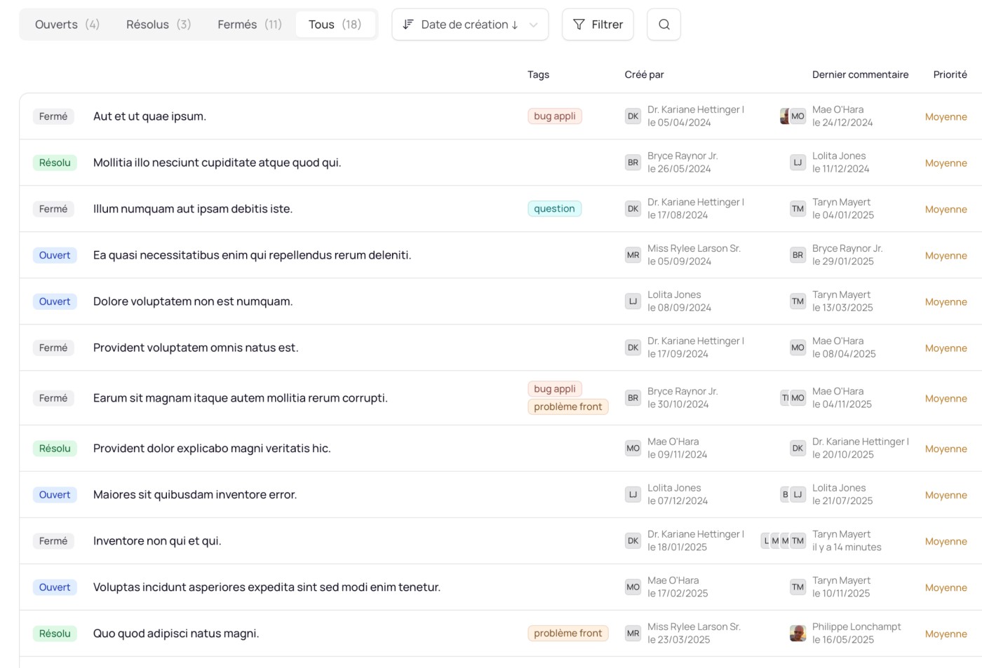 Vue de tous les tickets d'un projet