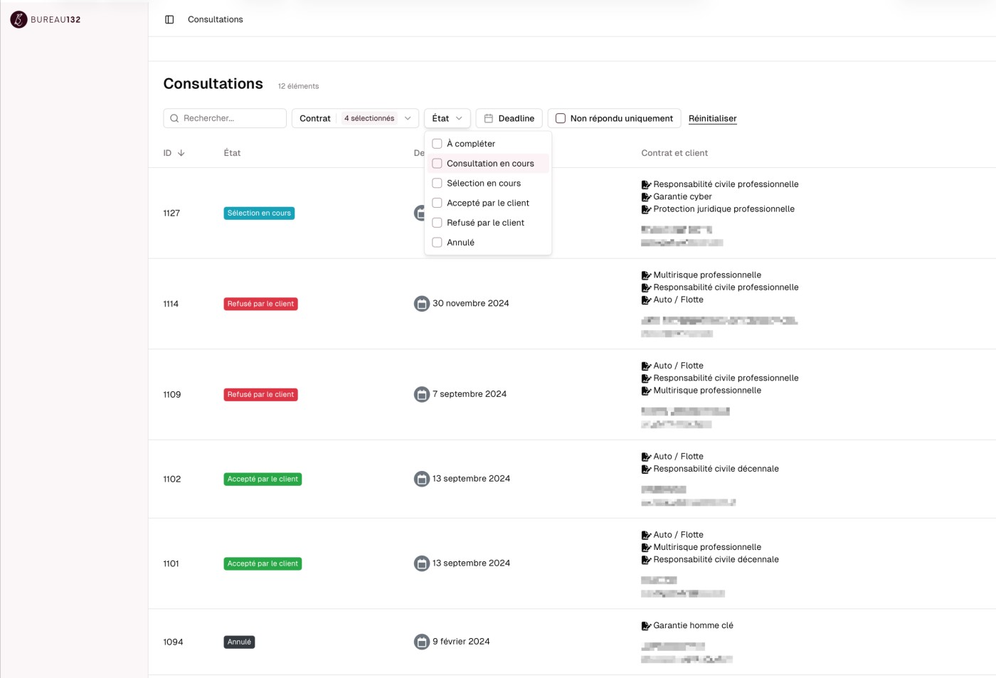 La liste des demandes de devis adressées à un assureur, telle qu'il la voit.