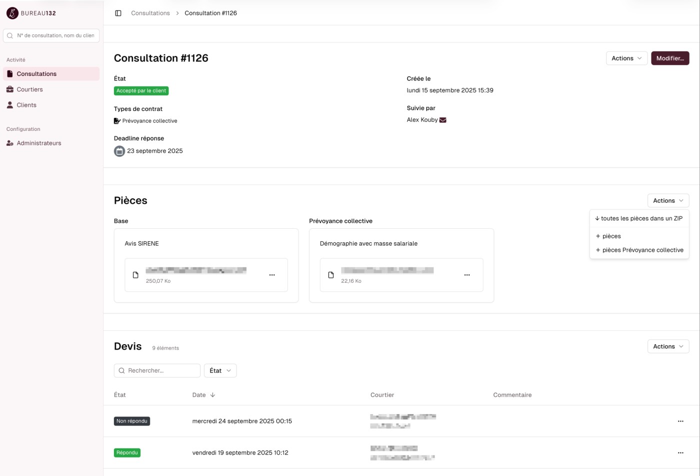 La visualisation d'une demande de devis (des sections entières ont été retirées de cette captures pour des raisons de simplification et de confidentialité)