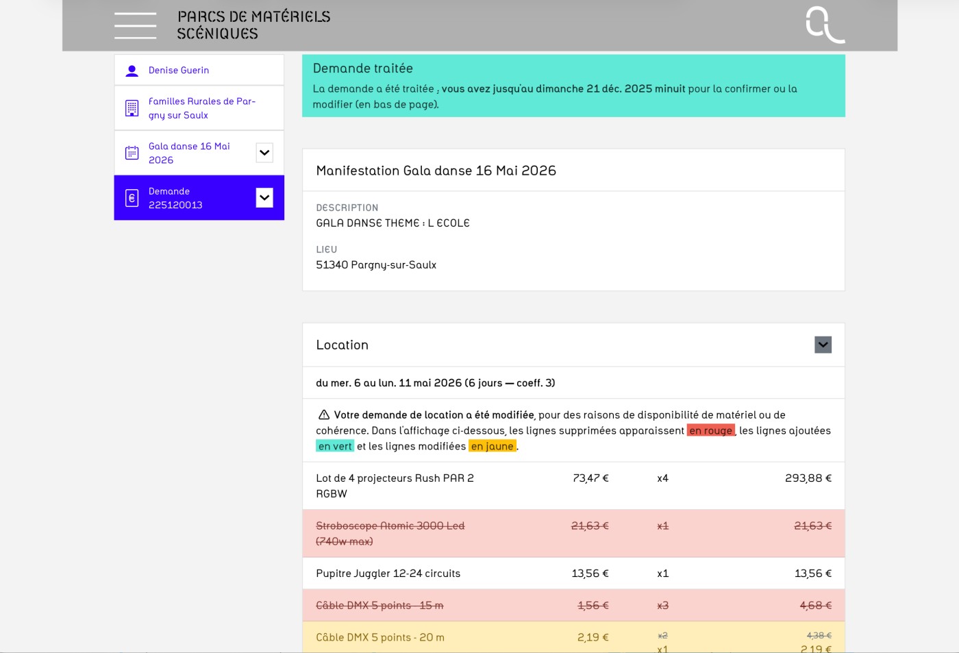 La demande de devis présentée dans le compte d'un client, avec des modifications proposées par le technicien du parc.