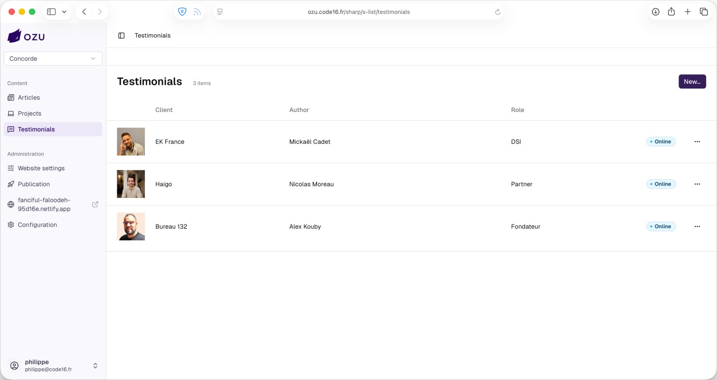 The testimonial list, with the configured columns