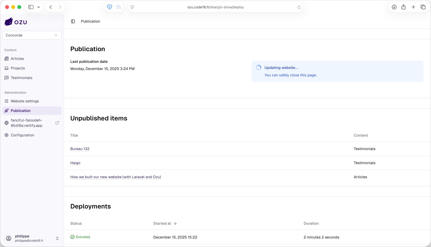 The publish page, with an ongoing deployment